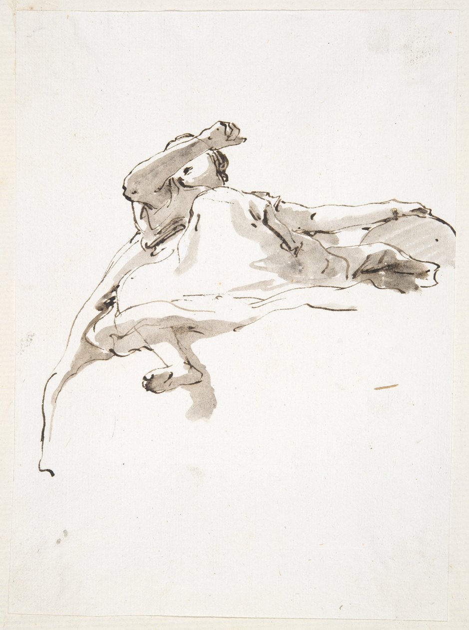 Figura feminina reclinada, mão esquerda apoiada no globo terrestre, braço direito levantado em frente da face, vista de baixo de Giovanni Battista Tiepolo