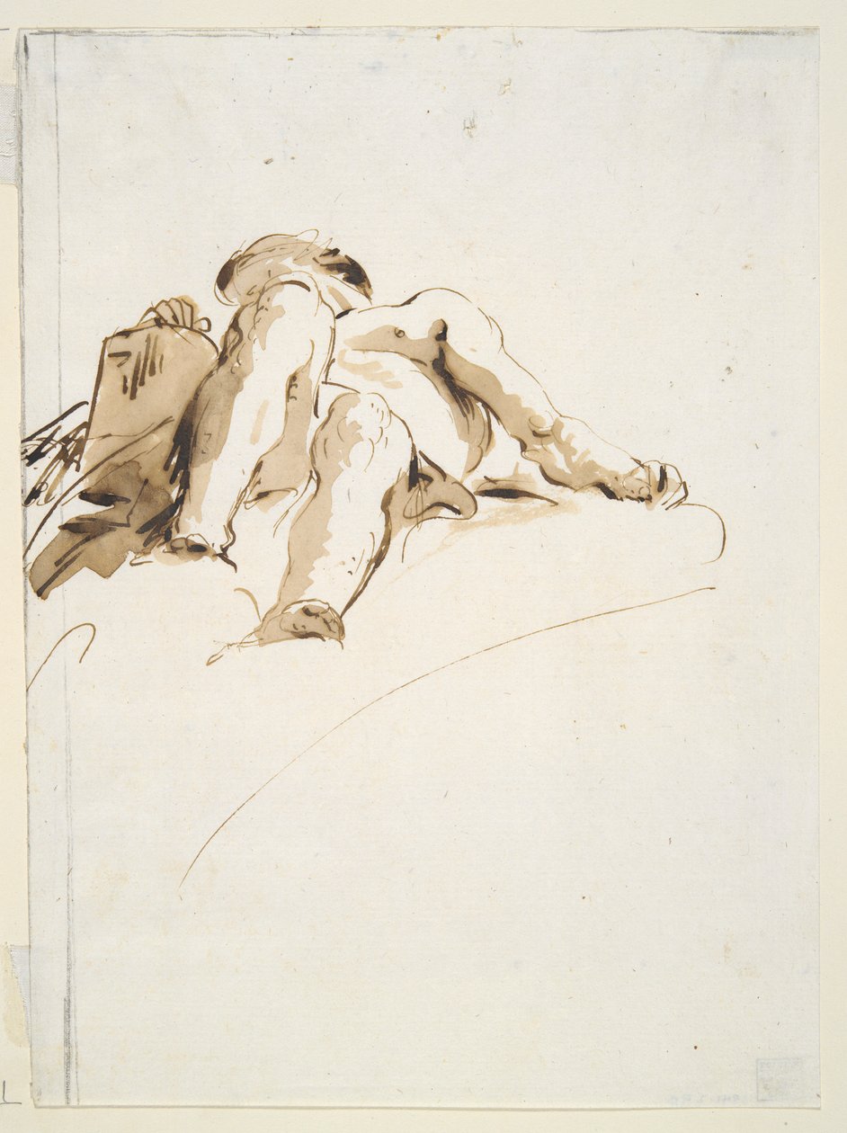 Nu macho recortado com a mão direita descansando sobre uma pastilha de pedra, visto de baixo de Giovanni Battista Tiepolo
