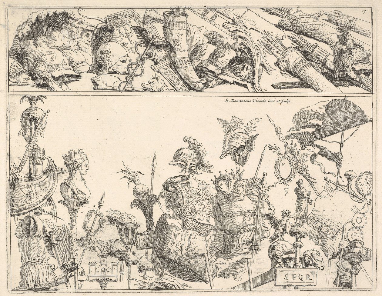 Armas romanas, padrões e troféus, uma composição dividida em duas faixas horizontais, 1774. de Giovanni Battista Tiepolo