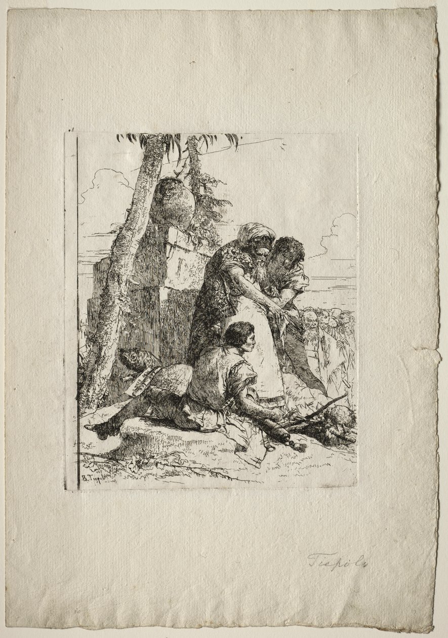 Scherzi di Fantasia: Mágico apontando uma cabeça em chamas para dois jovens de Giovanni Battista Tiepolo