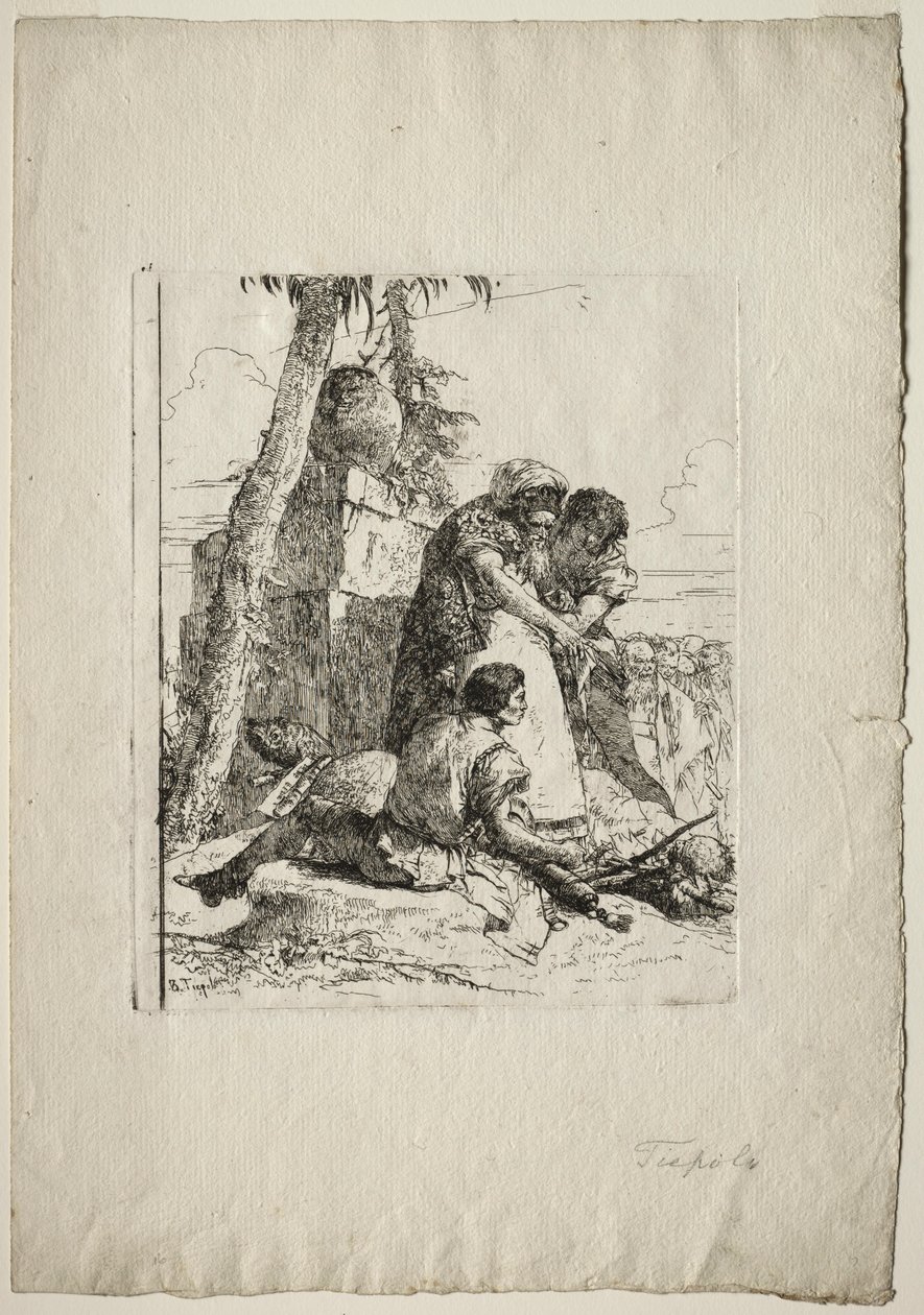 Scherzi di Fantasia: Mágico apontando uma cabeça ardente para dois jovens, de 1750. de Giovanni Battista Tiepolo
