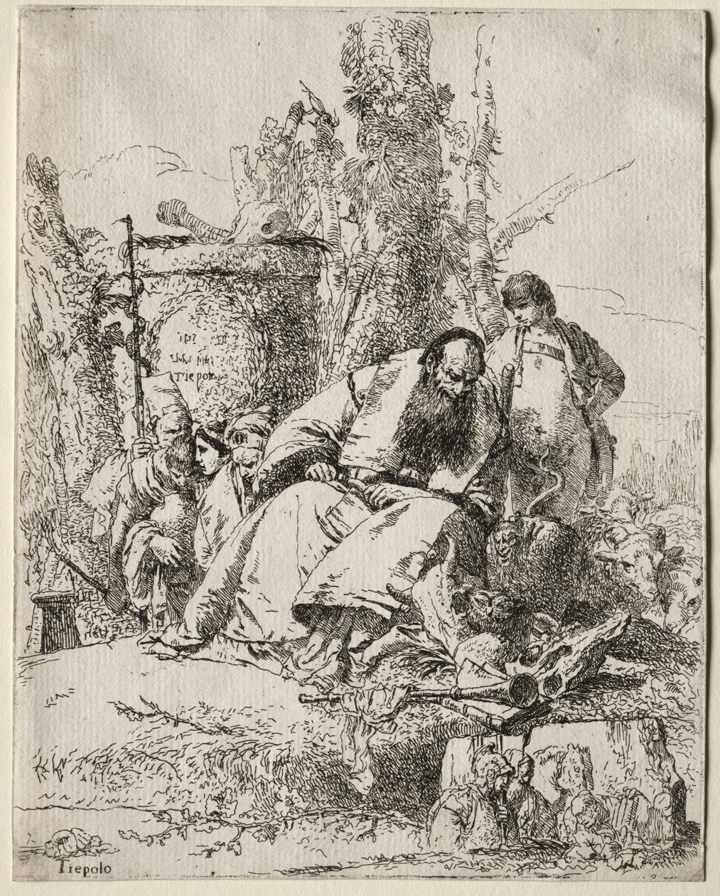 Scherzi: Mágico sentado, menino e quatro figuras, 1735-40. de Giovanni Battista Tiepolo
