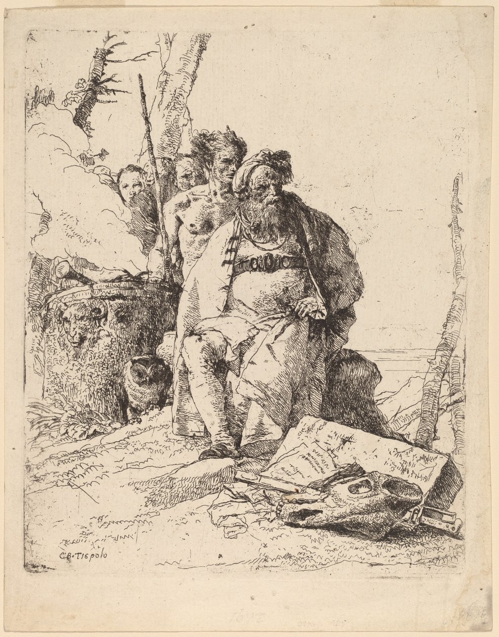 Mago sentado com outras figuras ao lado de um altar de Giovanni Battista Tiepolo