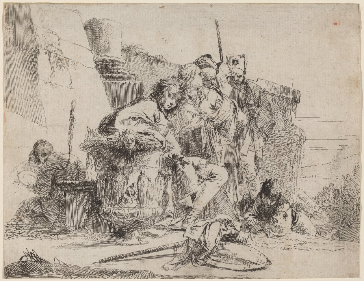 Jovens sentados encostados em uma urna de Giovanni Battista Tiepolo