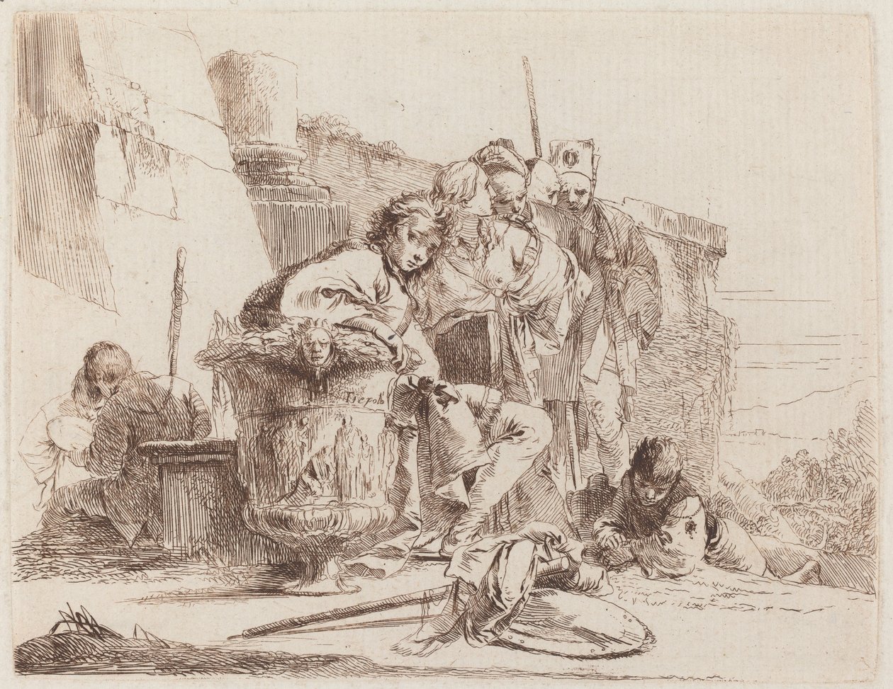 Jovens sentados encostados em uma urna de Giovanni Battista Tiepolo