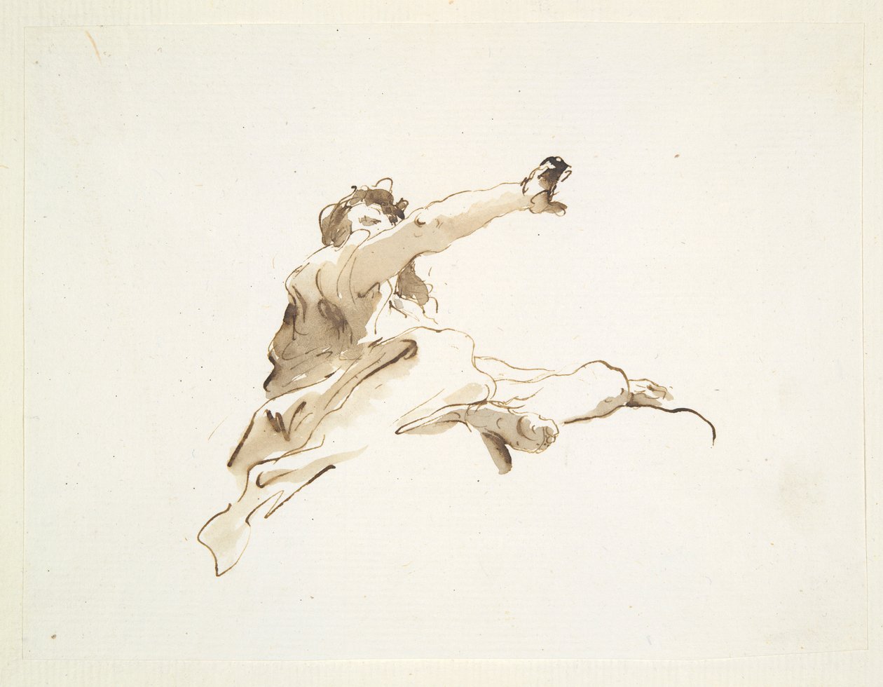 Figura sentada com a cabeça voltada para o braço esquerdo e direito levantado, vista de baixo de Giovanni Battista Tiepolo
