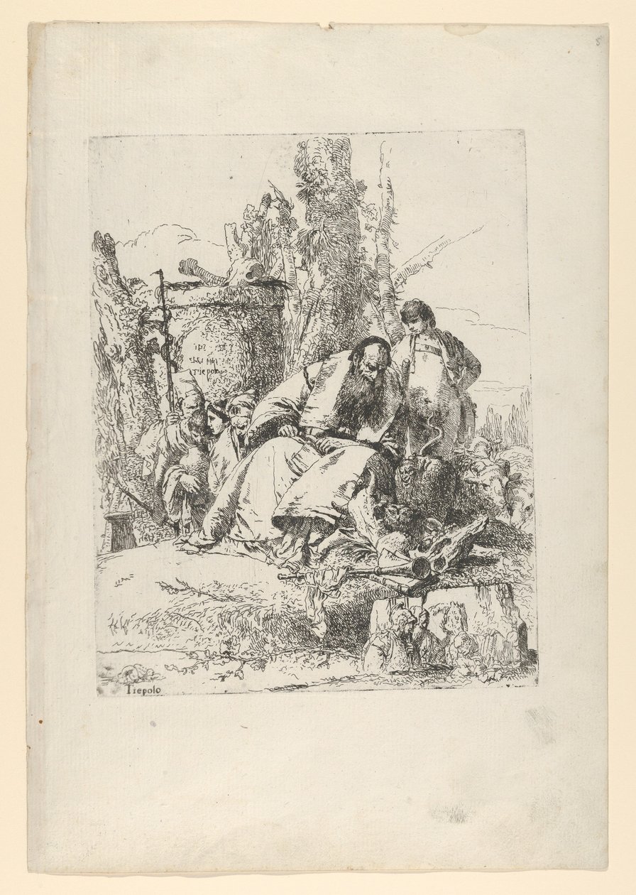 Mágico sentado, menino e quatro figuras do Scherzi di Fantasia, ca. 1743-50. de Giovanni Battista Tiepolo