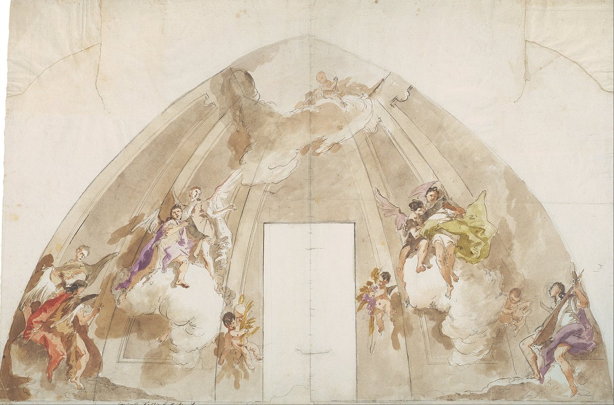 Anjos cantores e musicais: Desenho preparatório para o teto da Catedral de Udine de Giovanni Battista Tiepolo