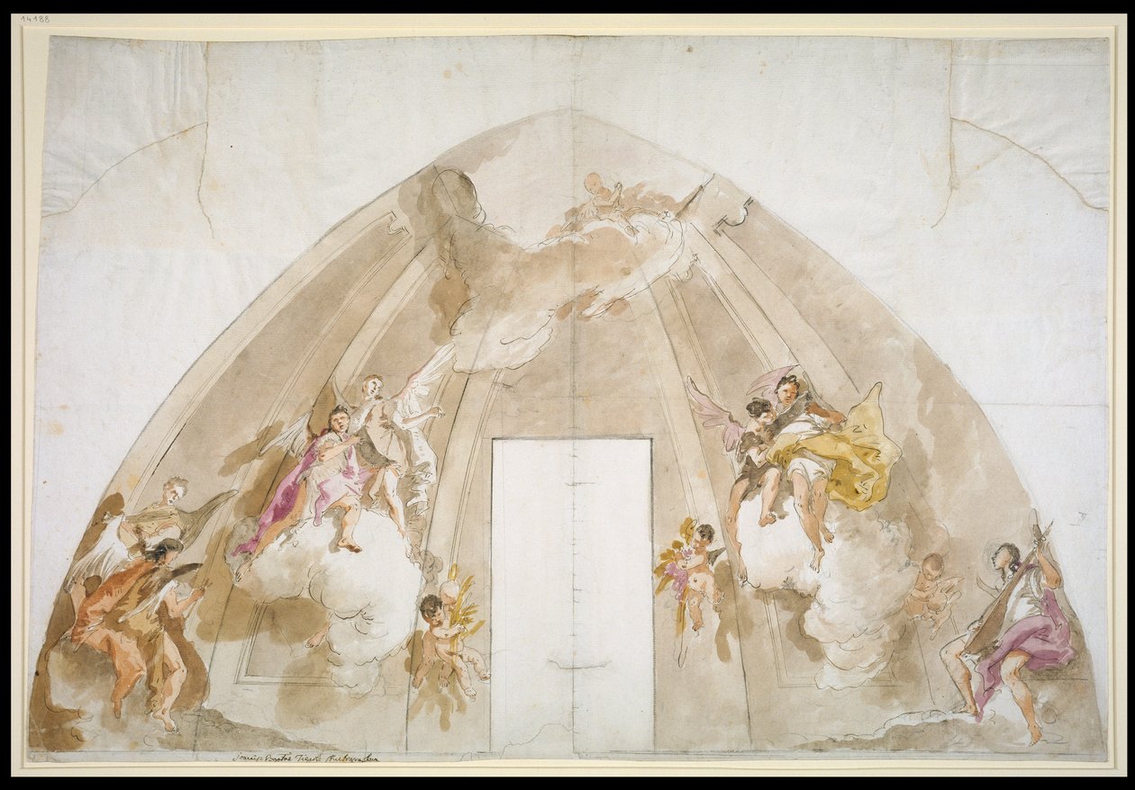 Anjos cantores e músicos: desenho preparatório para o tecto da catedral de Udine de Giovanni Battista Tiepolo
