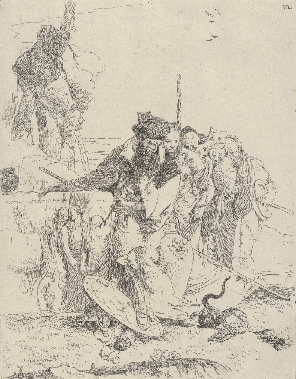 Seis pessoas observando uma cobra, do Scherzi, ca. 1743-50. de Giovanni Battista Tiepolo