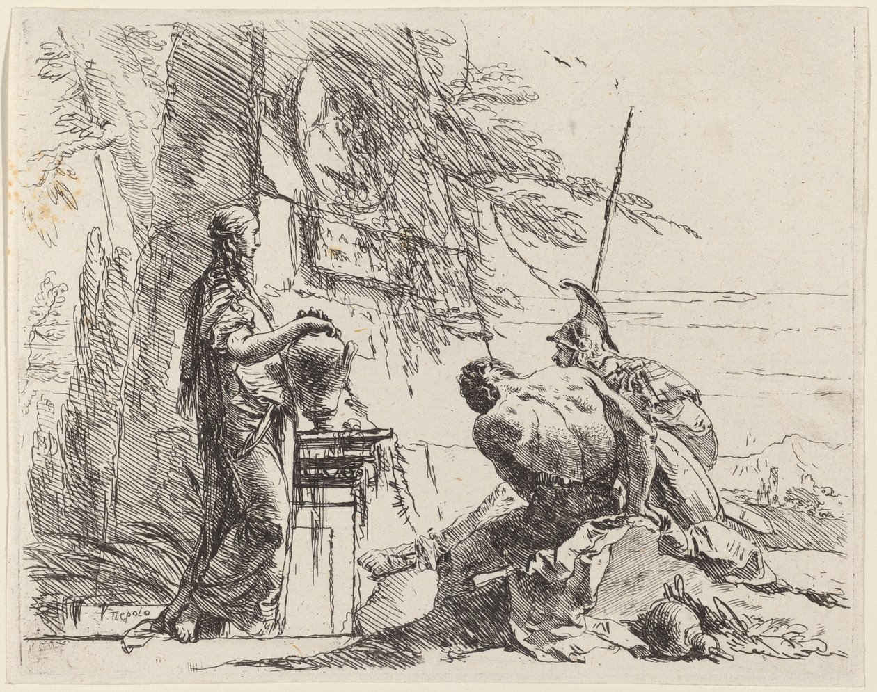 Mulher em pé e homens sentados diante de um obelisco de Giovanni Battista Tiepolo
