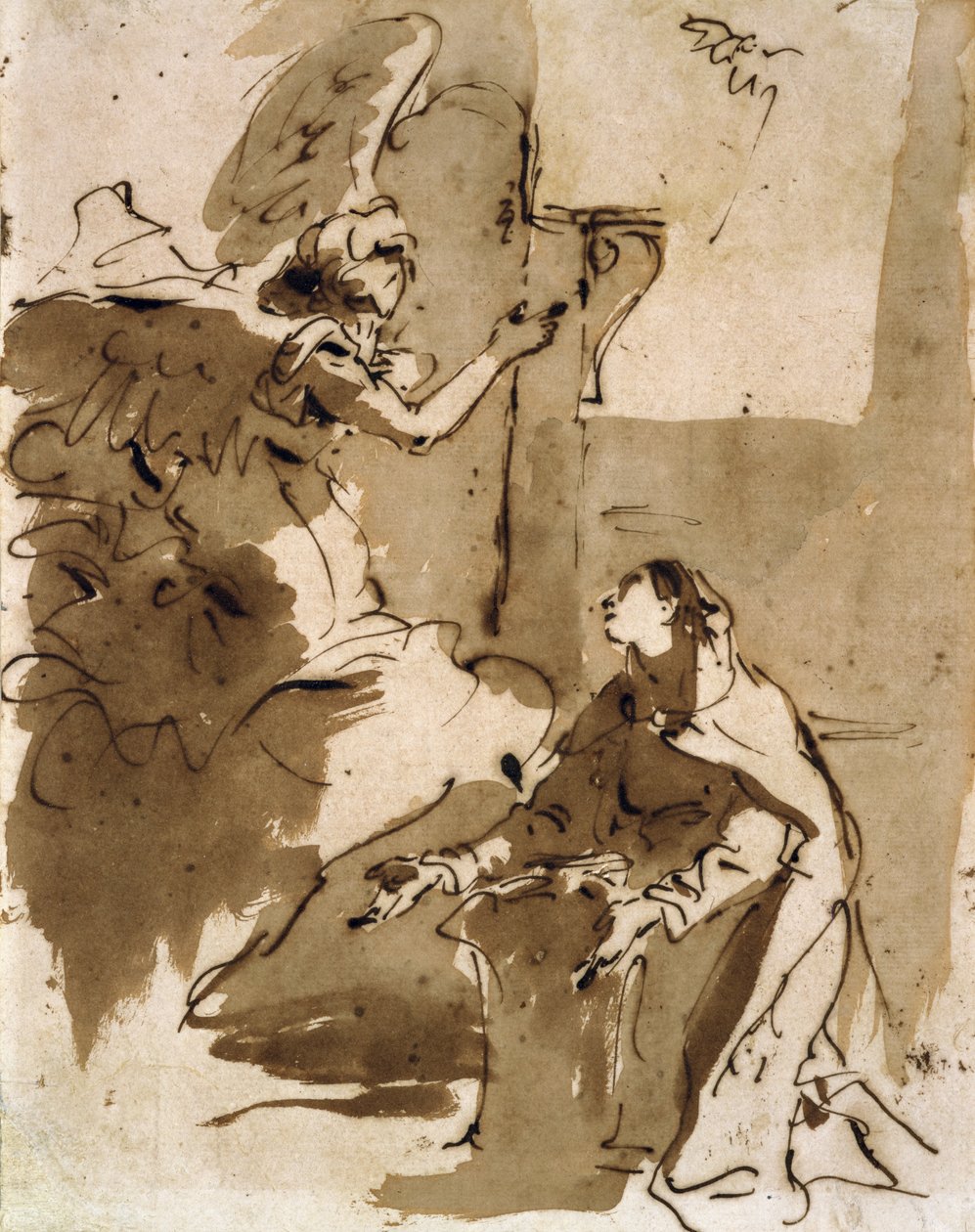 A Anunciação (caneta e tinta marrom e marrom no papel) de Giovanni Battista Tiepolo