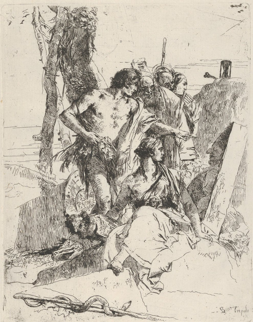 A descoberta do túmulo de Punchinello, do Scherzi, ca. 1743-50. de Giovanni Battista Tiepolo