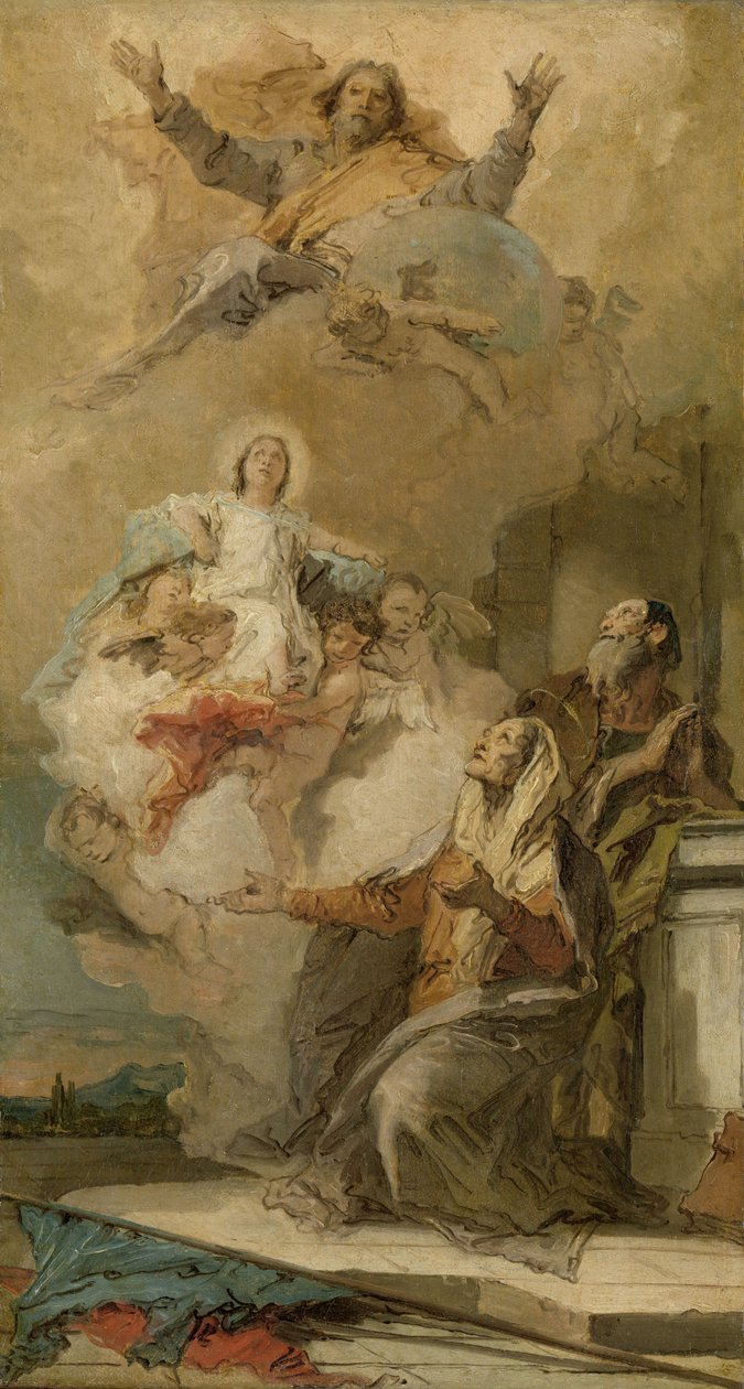 A Imaculada Conceição (Joachim e Anna recebendo a Virgem Maria de Deus Pai) A Virgem Maria apresentada aos Santos Joaquim e Ana por Deus Pai de Giovanni Battista Tiepolo