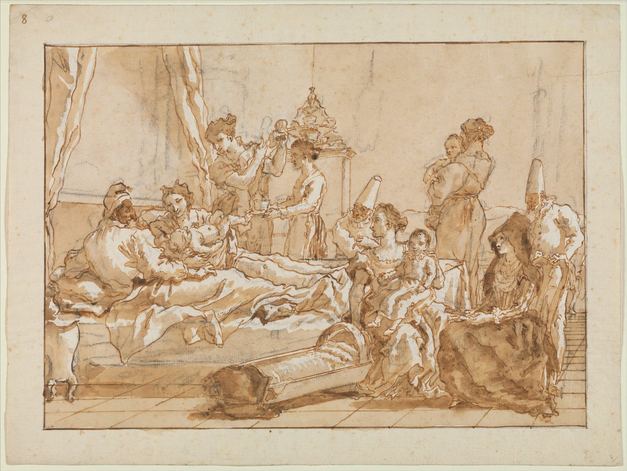 O infante Punchinello na cama com seus pais, c.1800 de Giovanni Battista Tiepolo