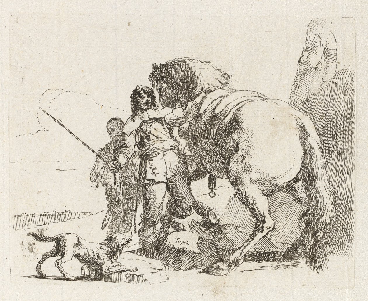 O cavaleiro de pé ao lado de seu cavalo, de Vari capricci (Vários caprichos) de Giovanni Battista Tiepolo
