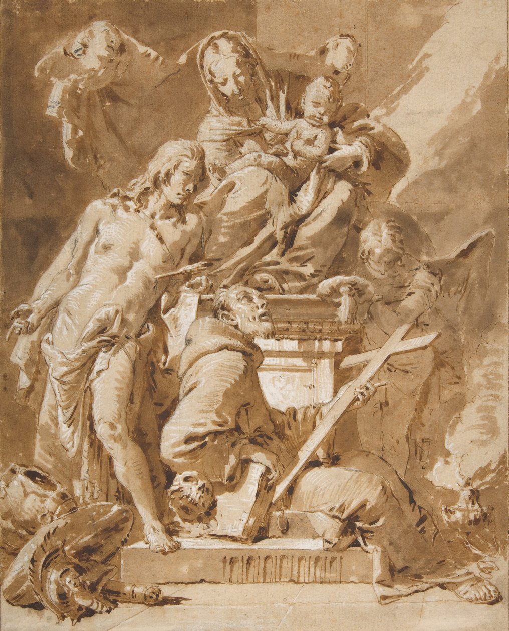 A Virgem e o Menino Entronizados com São Sebastião e um Santo Franciscano, 1696-1770. de Giovanni Battista Tiepolo