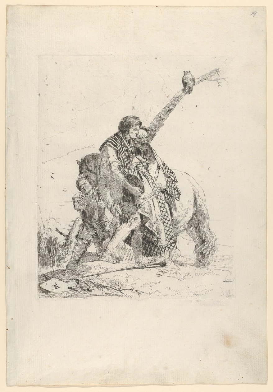 Três homens ao lado de um cavalo, do Scherzi, ca. 1740. de Giovanni Battista Tiepolo