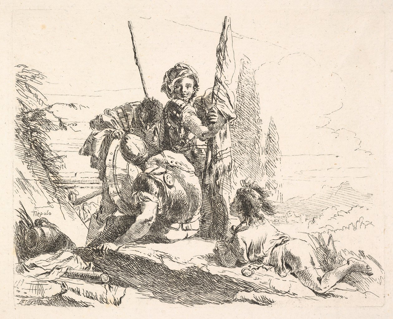 Três soldados e um jovem deitado em seu abdômen em uma paisagem, os soldados carregam um ..., ca. 1740-42. de Giovanni Battista Tiepolo