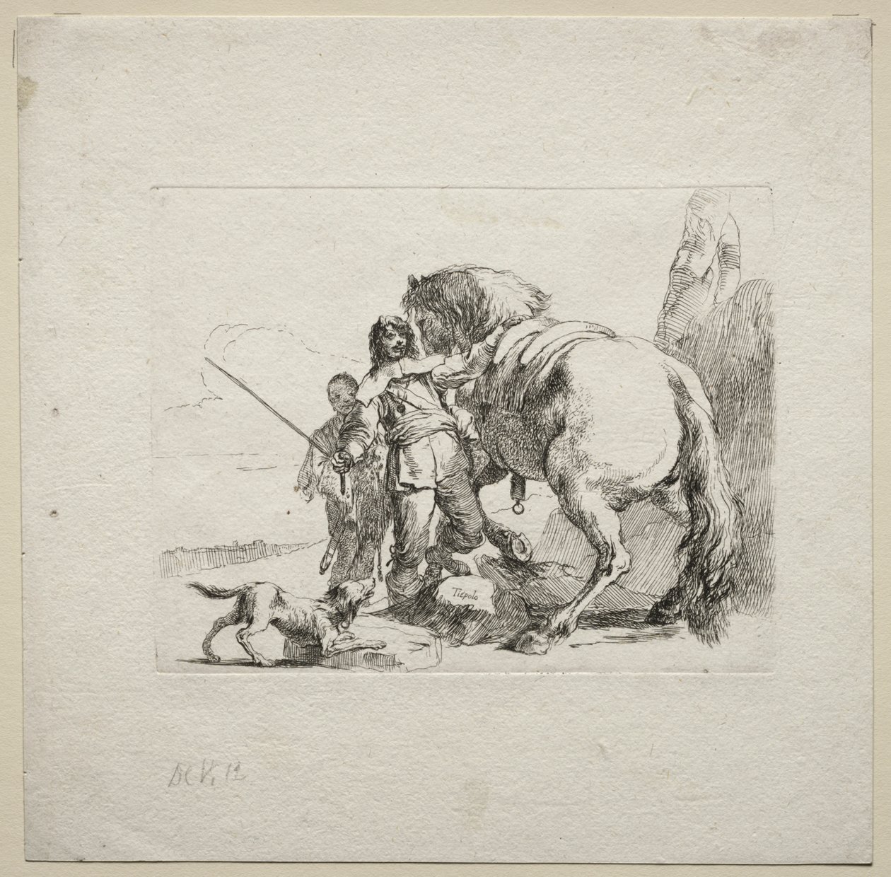 Vários caprichos: o cavaleiro montando seu cavalo de Giovanni Battista Tiepolo