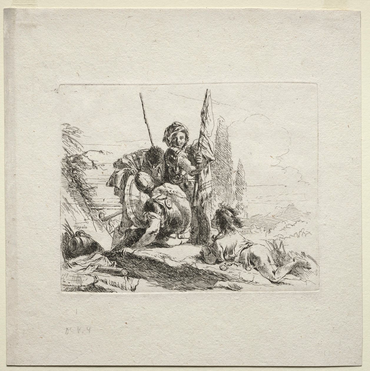 Vários Caprichos: Os Três Soldados e o Menino, 1785. de Giovanni Battista Tiepolo