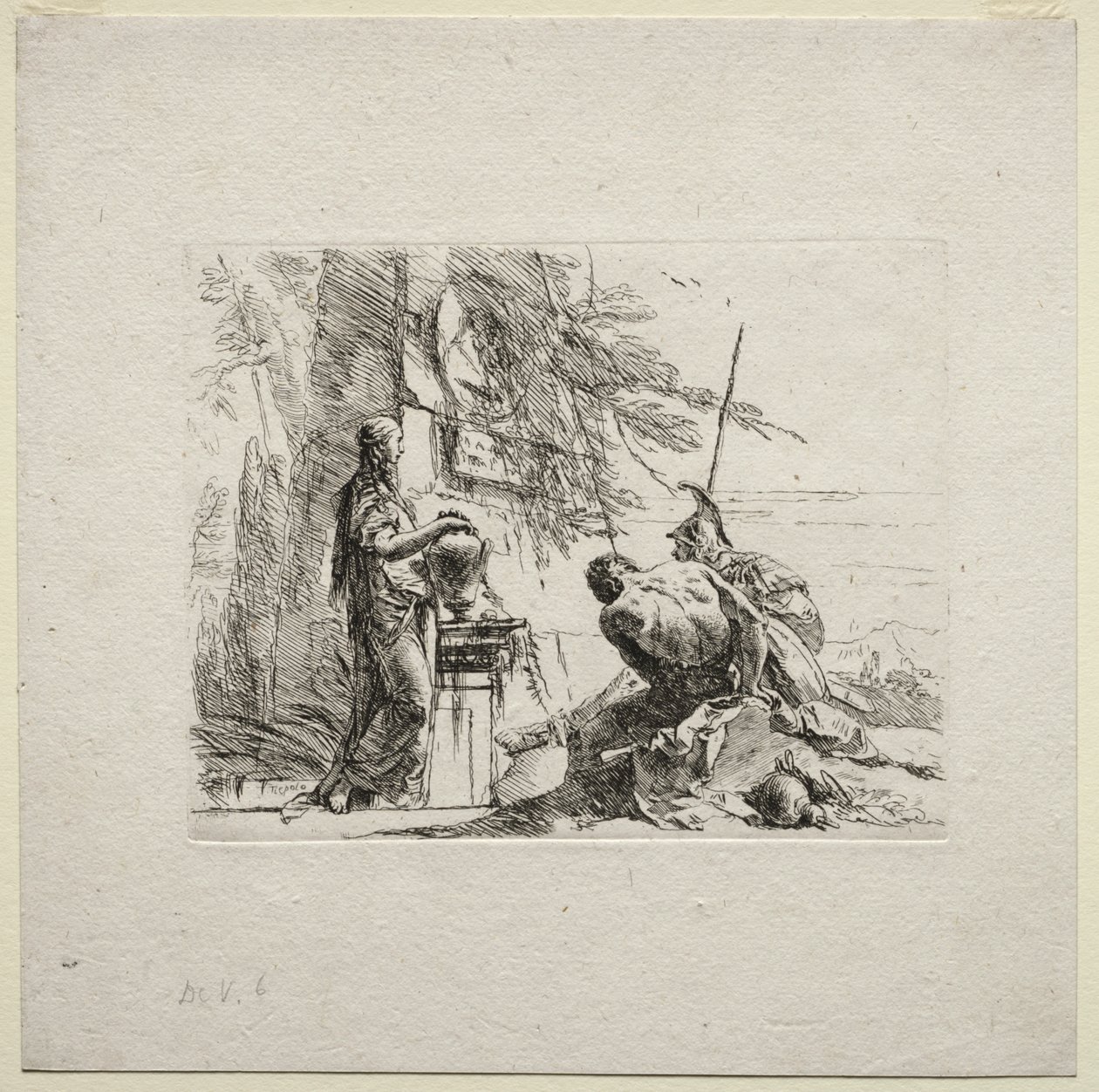 Vários caprichos: a mulher de pé com as mãos em um vaso de Giovanni Battista Tiepolo