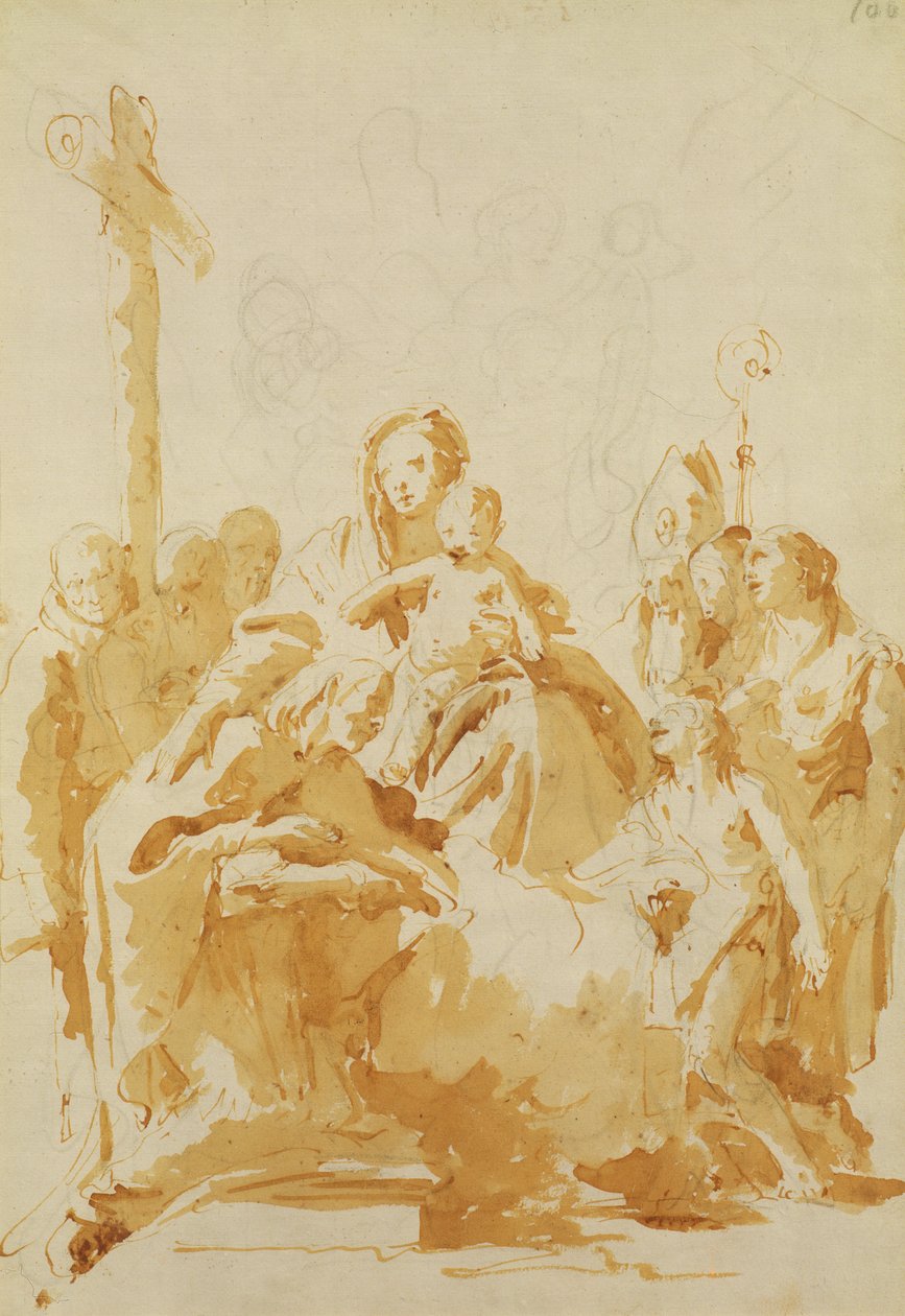Virgem e Criança adorada por bispos, monges e mulheres, 1735-40 (caneta e tinta marrom com tinta marrom sobre giz preto sobre papel) de Giovanni Battista Tiepolo