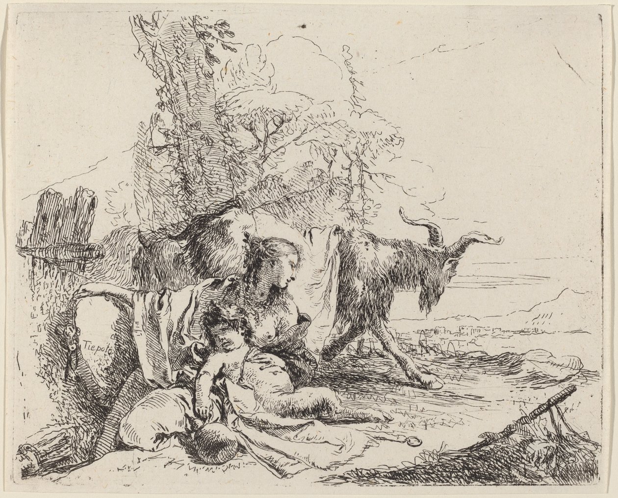 Mulher, criança sátira e cabra em uma paisagem de Giovanni Battista Tiepolo
