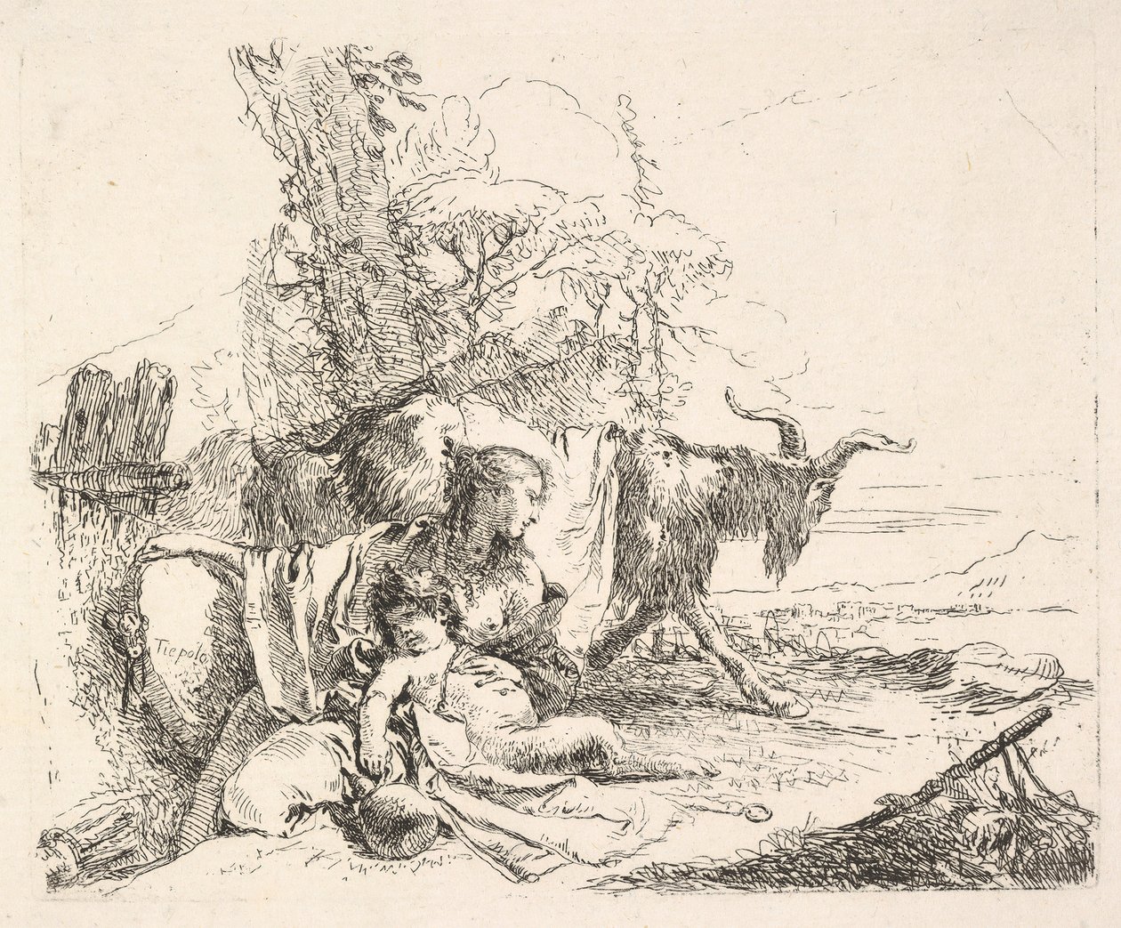 Mulher e sátiro infantil em uma paisagem, a mulher girando para olhar por cima de sua flecha esquerda, ca. 1740-42. de Giovanni Battista Tiepolo
