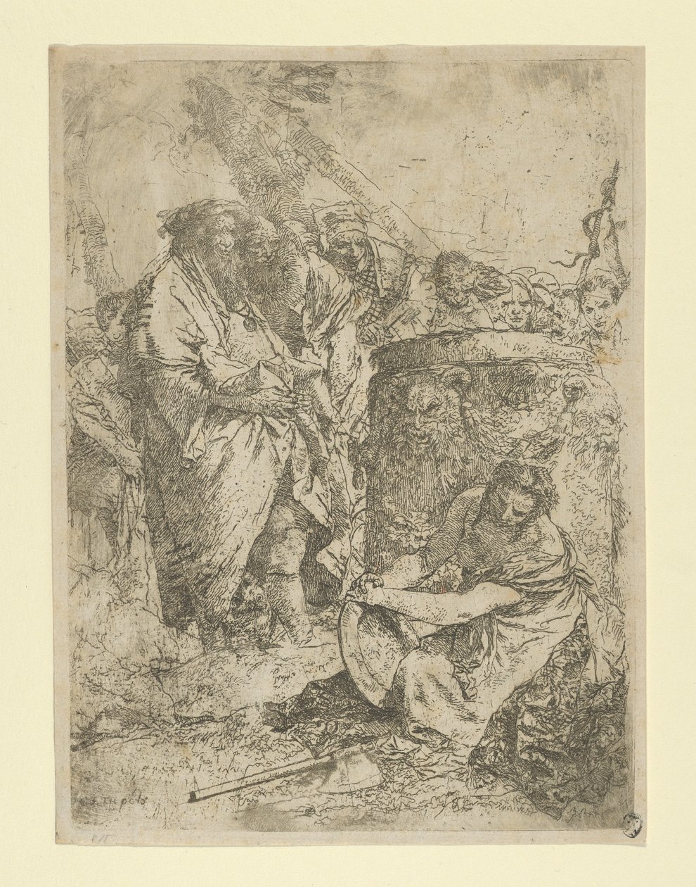 Mulher ajoelhada na frente de mágicos e outras figuras, do Scherzi, ca. 1740. de Giovanni Battista Tiepolo