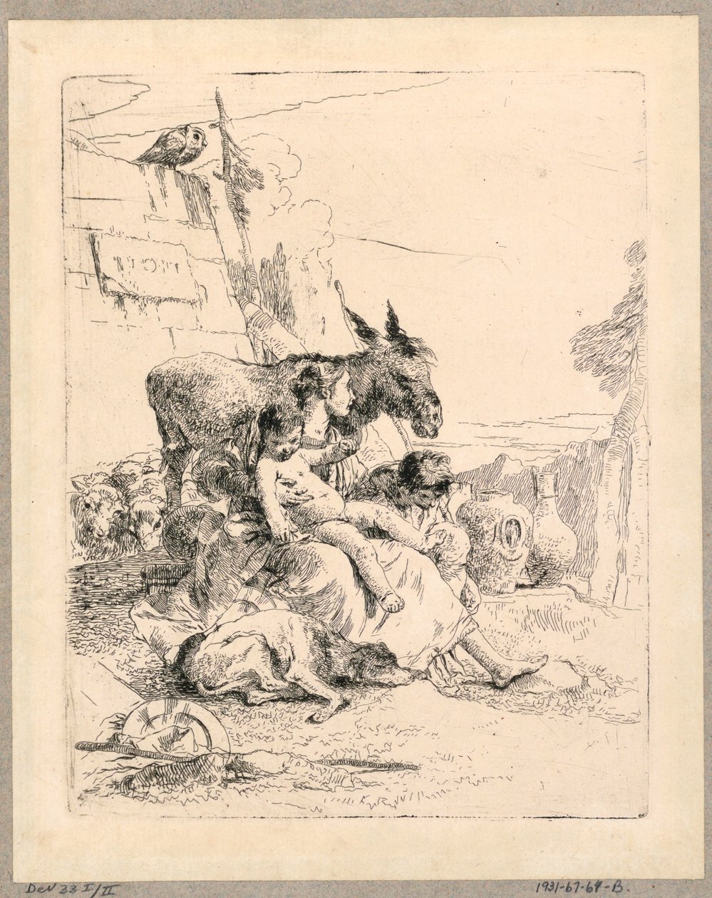 Mulher com dois filhos e um burro, placa 21 do Scherzi di Fantasia de Giovanni Battista Tiepolo