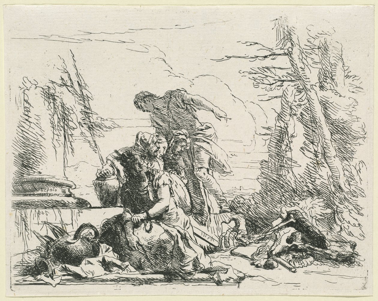 Mulheres e homens sobre uma pira ardente de ossos de Giovanni Battista Tiepolo