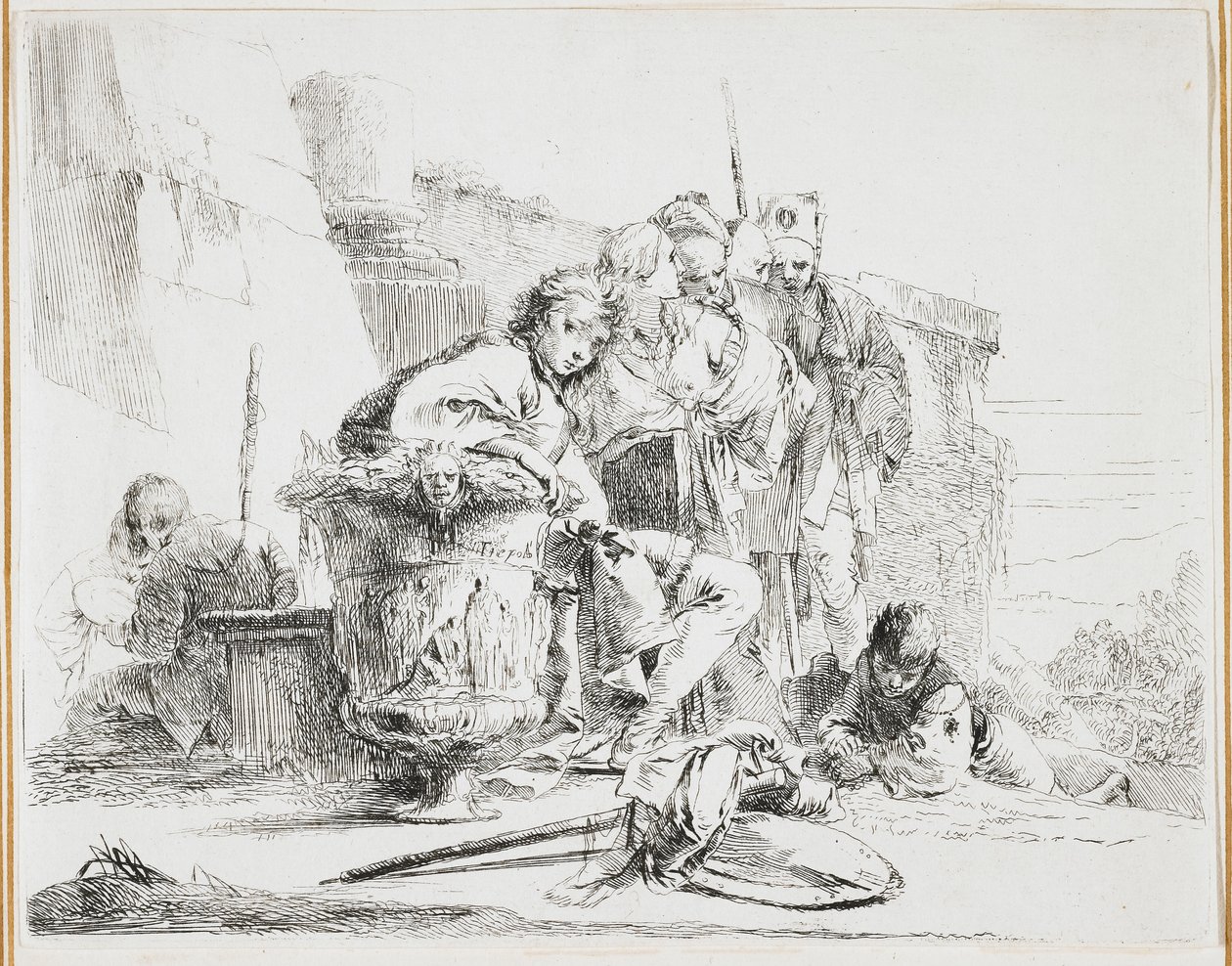 Homem jovem, sentada, inclinar-se, contra, um, urna, prato, de, Vari, Capricci, (Various, Caprices), 1740s de Giovanni Battista Tiepolo