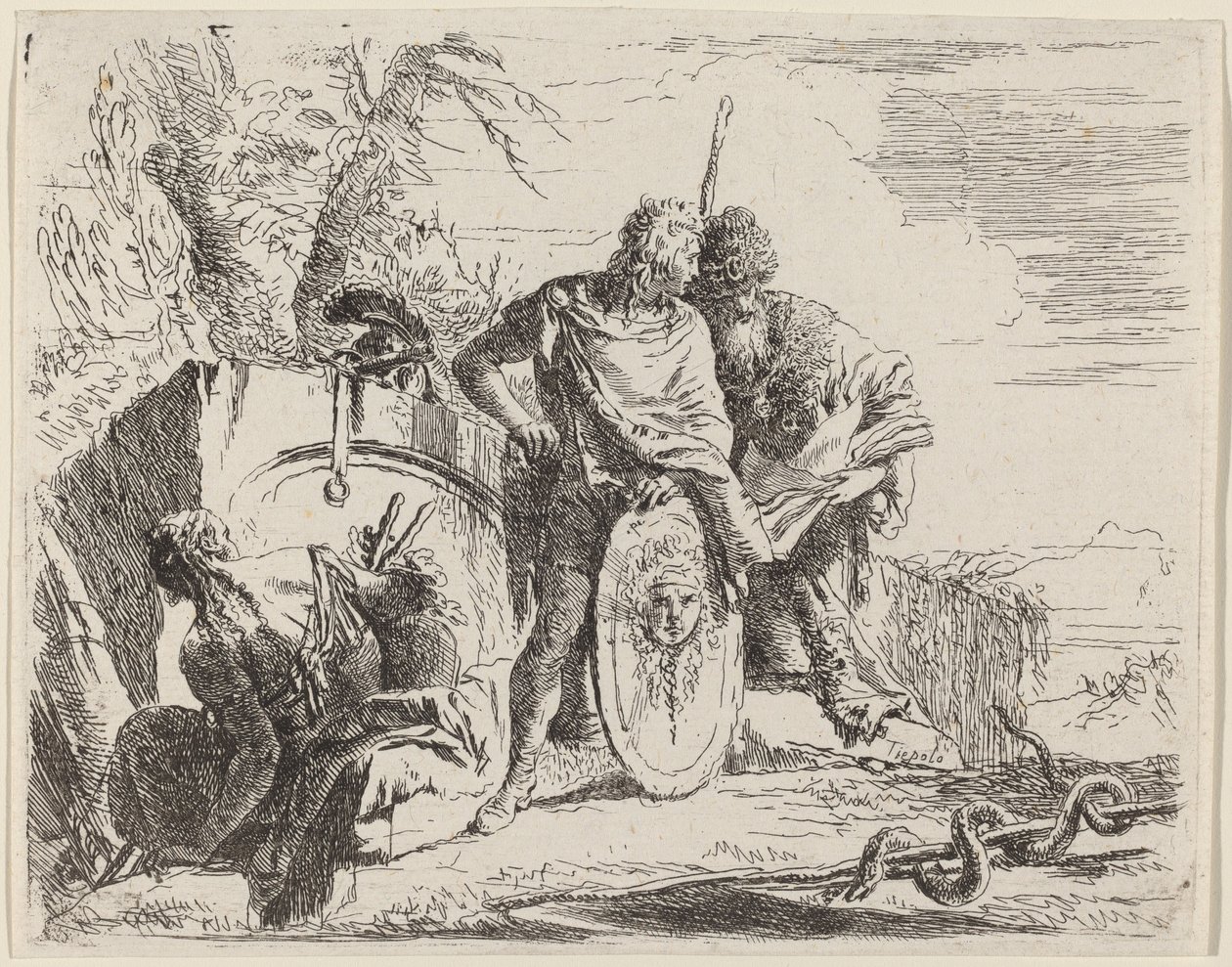 Jovem soldado com filósofo e mulher sentada de Giovanni Battista Tiepolo