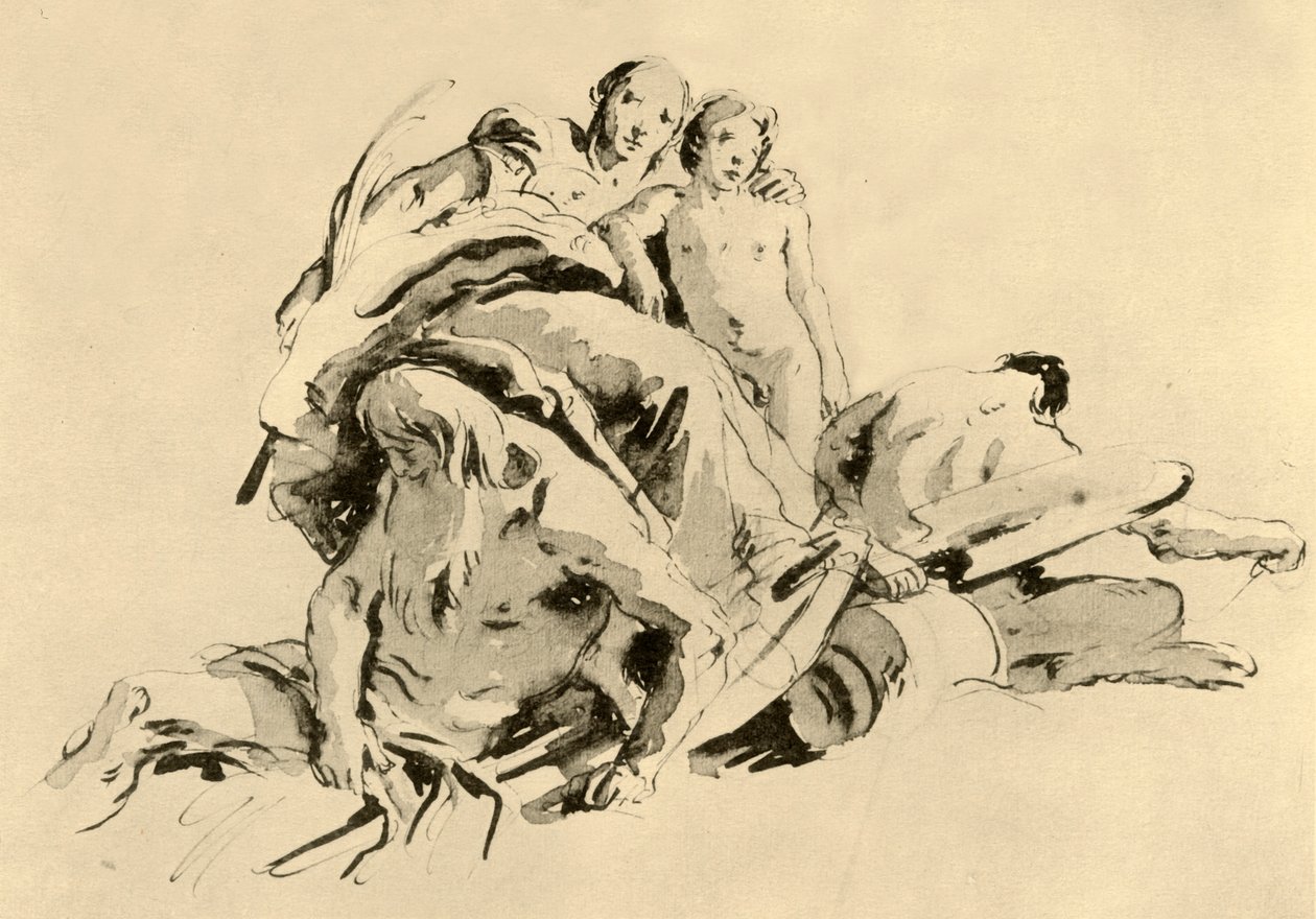 Jovem mulher com menino, Rivergod e Satyr, meados do século XVIII, 1928 de Giovanni Battista Tiepolo
