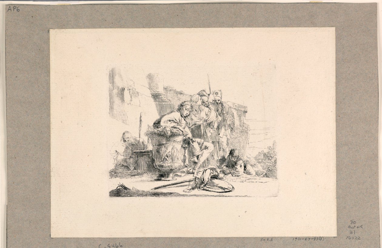 Juventude sentada junto a uma urna e outras figuras, do Vari Capricci de Giovanni Battista Tiepolo