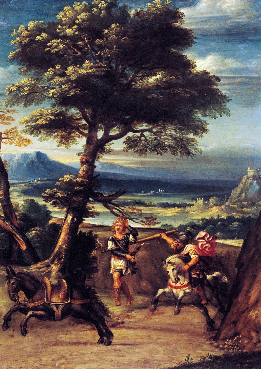 Paisagem com Absalão ferido pela lança de Joabe de Giovanni Battista Viola (1576-1622), óleo sobre cobre, 45x34 cm de Giovanni Battista Viola
