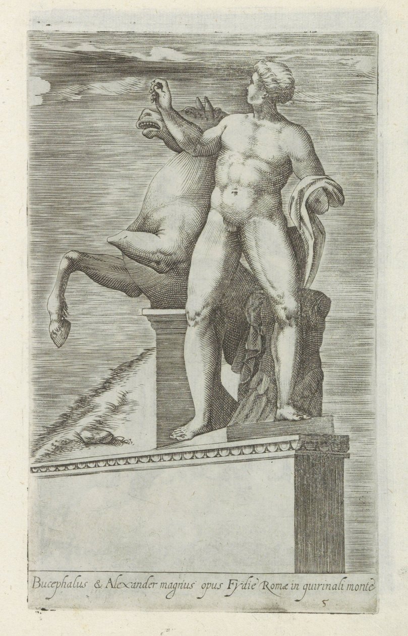 Sculptuur van een van de Dioscuren op het Quirinaal te Rome Bucephalus & Alexander ótimo trabalho (...) (título no objeto) Esculturas antigas em Roma (título da série) Ícones das antigas estátuas da cidade de Roma que são vistas em locais públicos (título  de Giovanni Battista de