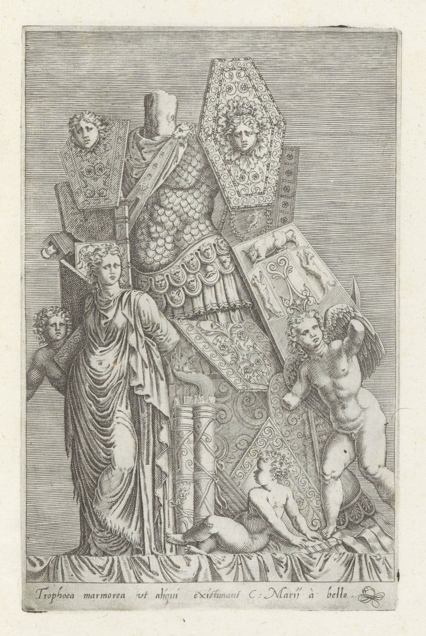 Troféu de armas, uma figura feminina e anjos
Tropoea marmorea ut aliqui existiman (...) (título sobre o objecto)
Esculturas antigas em Roma (título da série)
Antiquarum statuarum urbis Romae quae in publicis locis visuntur icones (título da série) de Giovanni Battista de