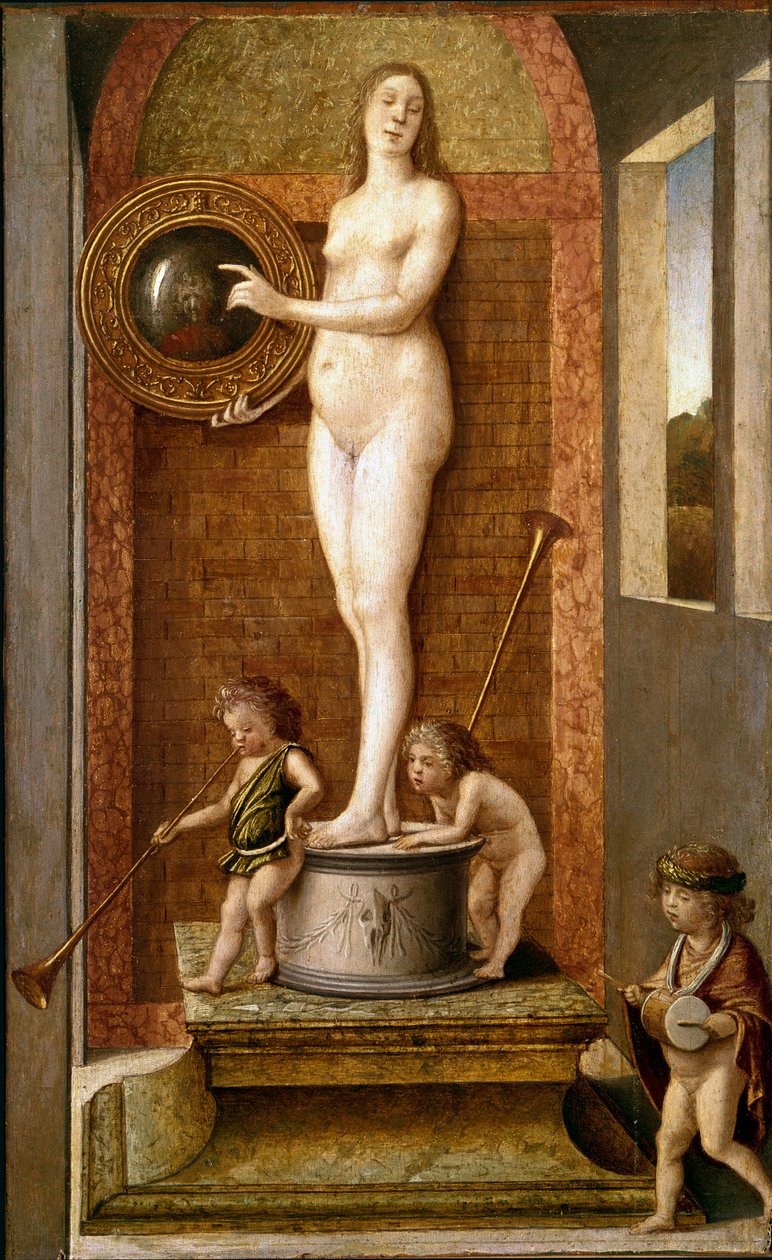 Alegoria da Prudência (ou Vanite). Pintura em madeira por Giovanni Bellini (ca. 1432-1516) disse il Giambellino 1490 aproximadamente Dim. 34x21 cm Veneza, Gallerie del 