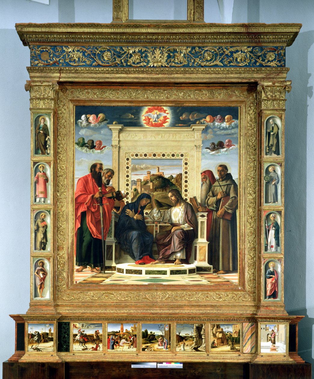 Coroação da Virgem com SS. Paulo, Pedro, Jerônimo e Francisco de Assis com cenas da vida dos santos no painel de predelas, conhecido como retábulo de Pala di Pesaro, c.1474 (óleo no painel de Giovanni Bellini