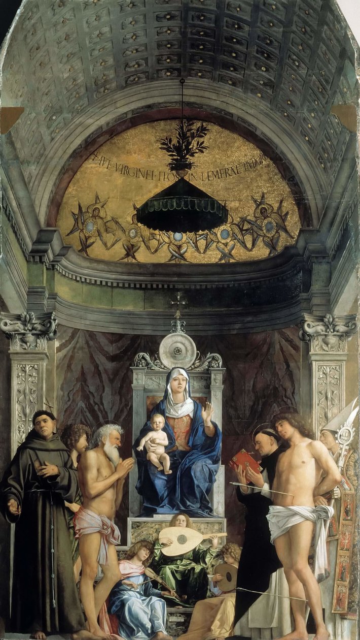 Madonna e Child, anjos musicais e os Santos Francisco, João Batista, Jó, Domingos..., ca. 1487 de Giovanni Bellini
