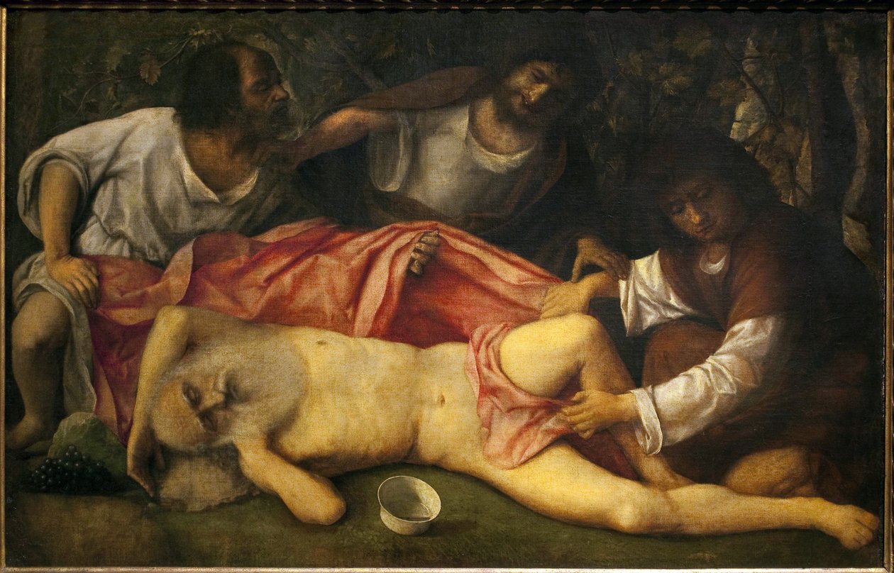 A embriaguez de Noé (Noé, bêbado, é descoberto nu pelos seus três filhos, Sam e Japhet, que querem cobrir o pai, são detidos pelo vilão Cham, cujos descendentes serão os malditos cananeus) - Pintura de Giovanni Bellini (ca. 1430-1516), oi de Giovanni Bellini