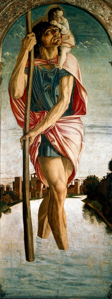 Políptico de São Vicente Ferrier (Vicent Ferrer, Vicente Ferrer) (1350-1419): Painel "São Cristóvão", à esquerda. Pintura sobre madeira de Giovanni Bellini (ca. 1432-1516) dit il Giambellino 1464-1468 Sol. 167x67 cm Veneza, Chiesa dei Santi Giovanni e P de Giovanni Bellini