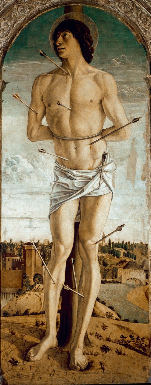 Políptico de São Vicente Ferrier: São Sebastião (Políptico de São Vicente Ferrer: São Sebastião) Pintura de Giovanni Bellini dit il Giambellino (ca. 1432-1516) 1464-1468 Dim 167x67 cm Veneza Chiesa dei Santi Giovanni e Paolo de Giovanni Bellini