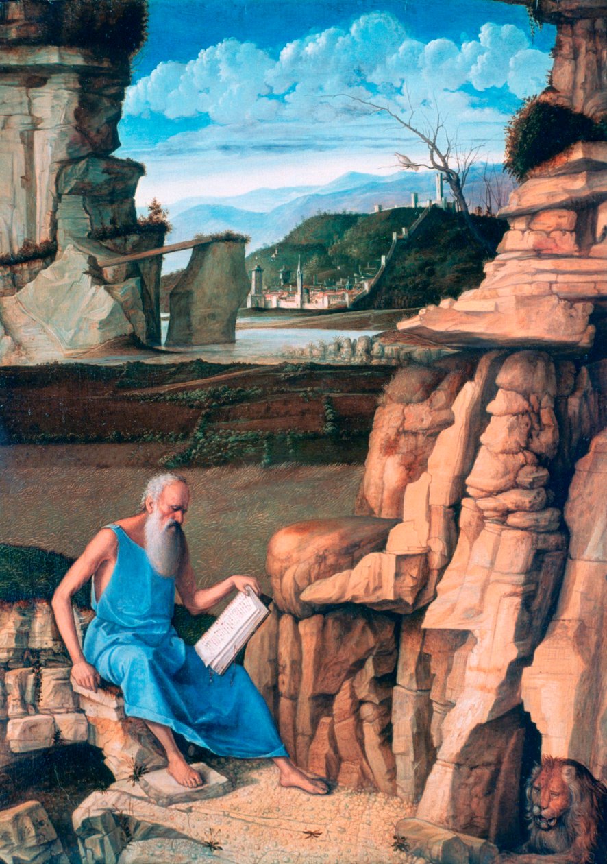 São Jerônimo lendo em uma paisagem, c1480-1485 de Giovanni Bellini