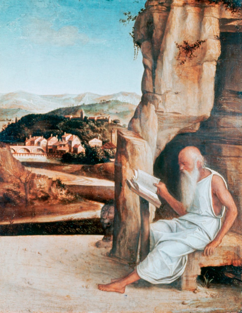 São Jerônimo lendo em uma paisagem, c1450-1516 de Giovanni Bellini
