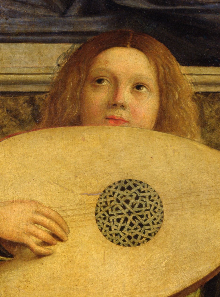 O Altar Peça de San Giobbe, detalhe de anjo tocando música, c.1487 (óleo sobre painel) (detalhe de 55433) de Giovanni Bellini