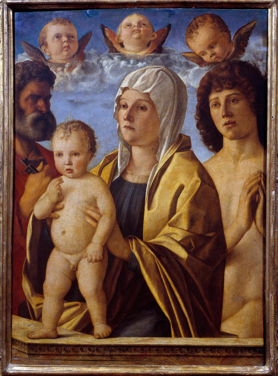 A Virgem e o Menino Jesus entre S. Pedro e S. Sebastião Pintura de Giovanni Bellini dit il Giambellino (1430-1516) Sol do século XVI. 0,82x0,58 m - A Virgem e o Menino Jesus entre S. Pedro e S. Sebastião. Pintura de Giovanni Bellini chamada G de Giovanni Bellini
