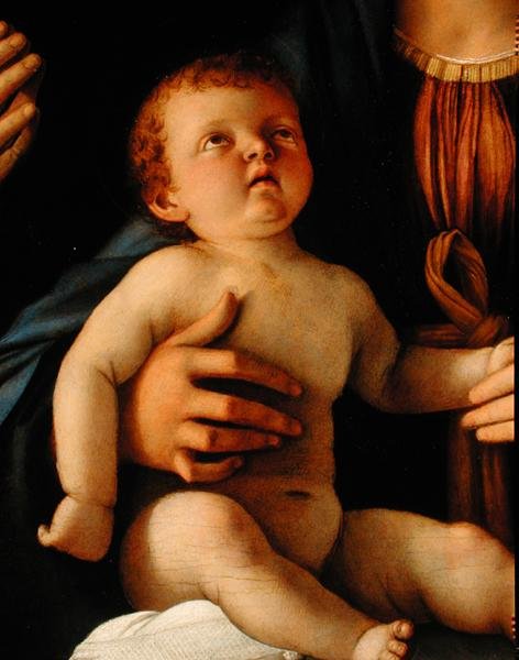 Virgem e Filho com Santa Catarina e Maria Madalena, c.1500 (óleo sobre painel) (detalhe) de Giovanni Bellini